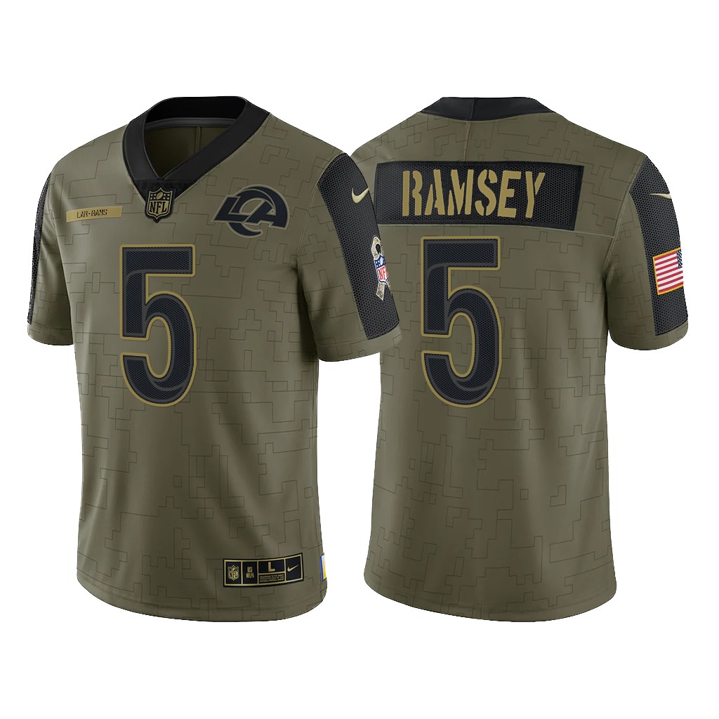 Men's Olive Los Angeles Rams #5 Jalen Ramsey 2021 Salute To Service Limited Stitched Jersey